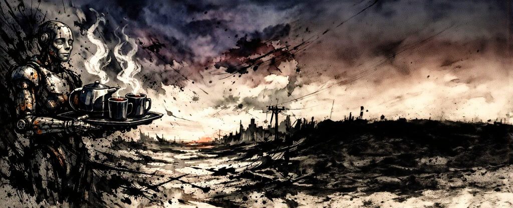 Keitsi.fi website header banner showing an android holding a tray with a teapot and two large steaming mugs of tea in a harsh landscape, ink drawing.