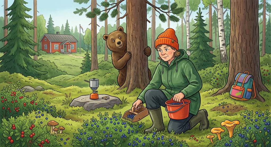 A whimsical digital illustration shows a woman picking berries in a lush Finnish forest. She wears a green jacket and a bright orange beanie while kneeling among blueberry bushes. A brown bear playfully peeks from behind a nearby pine tree trunk to observe her. In the background a substantial and traditional red Finnish farmhouse stands at a respectful distance across a grassy field. A colorful backpack leans against a tree and a small camping stove sits on a flat rock to illustrate Finnish outdoor etiquette.
