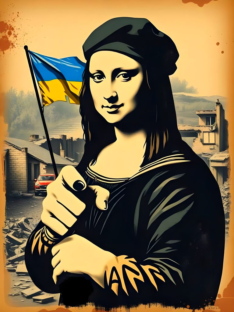 A street art style portrait of the Mona Lisa wearing a beret and pointing at the viewer with her index finger. A Ukrainian flag waves in the background.