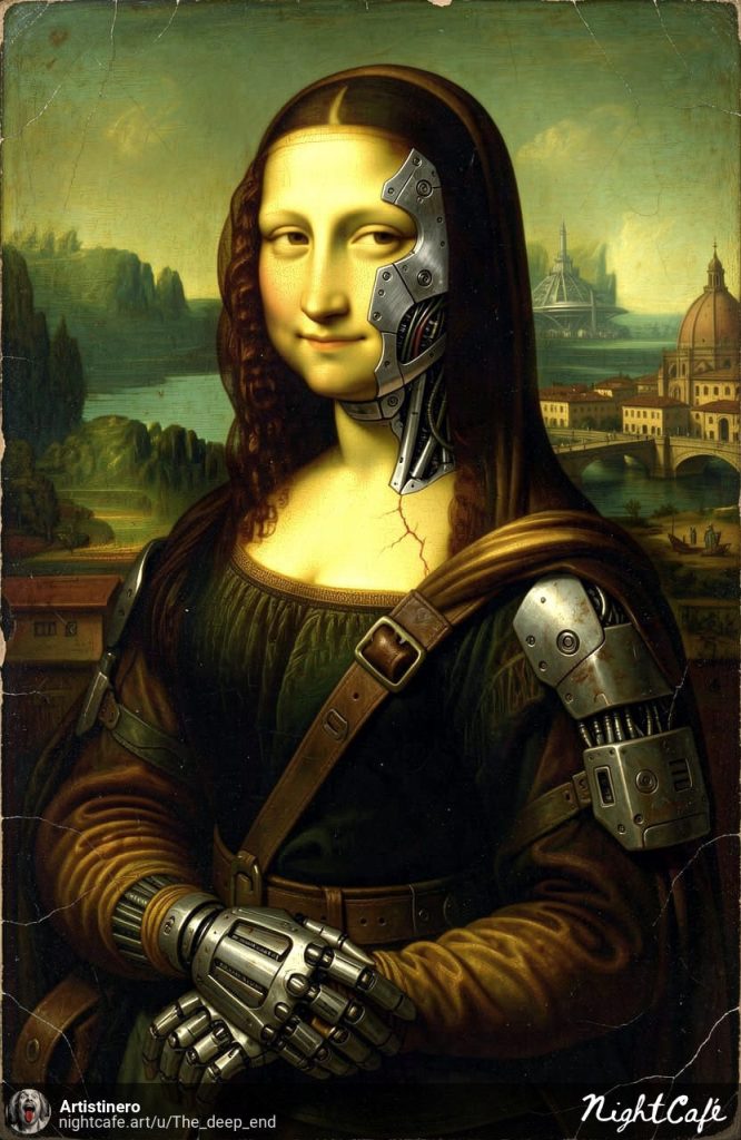 Portrait of Lisa del Giocondo alias Mona Lisa as a cyberpunk character. She has cybernetic hands and other futuristic enhancements.