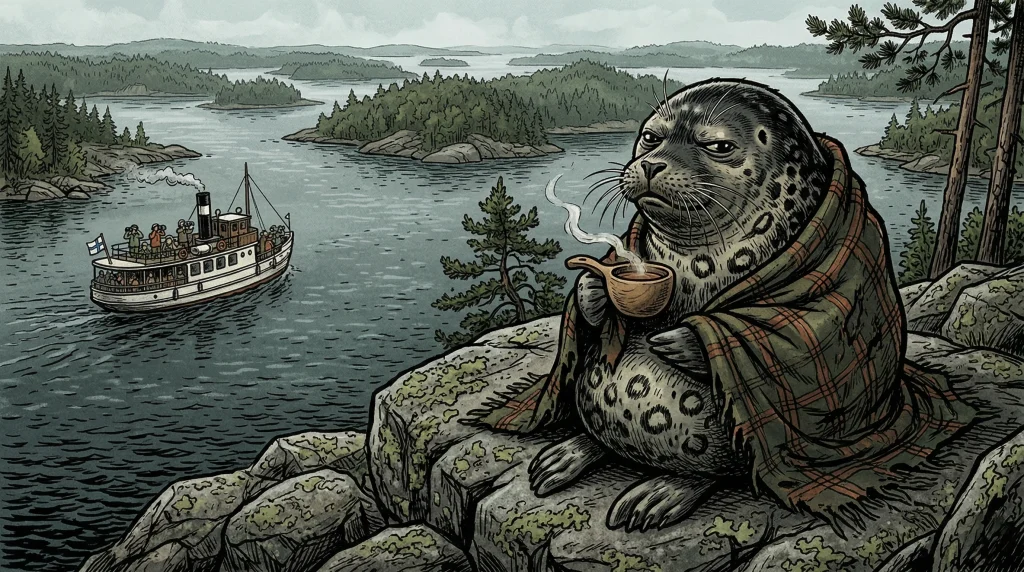 A disgruntled Saimaa ringed seal, the ultimate "introverted hermit," perches on a jagged rock wrapped in a tattered plaid blanket. Sipping from a wooden kuksa, it stoically ignores a distant steamship filled with curious tourists. The illustration is rendered in a rugged, graphic novel style, capturing the quiet and solitary spirit of the Finnish Lakeland.