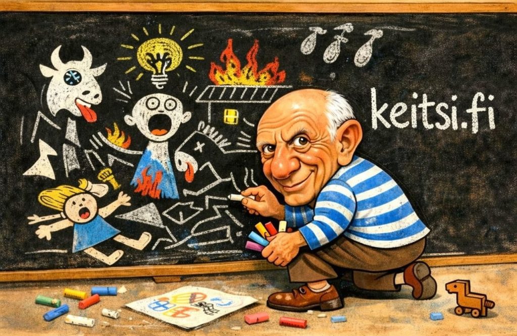 Caricature of Pablo Picasso drawing a childlike chalkboard version of Guernica with colored chalk.