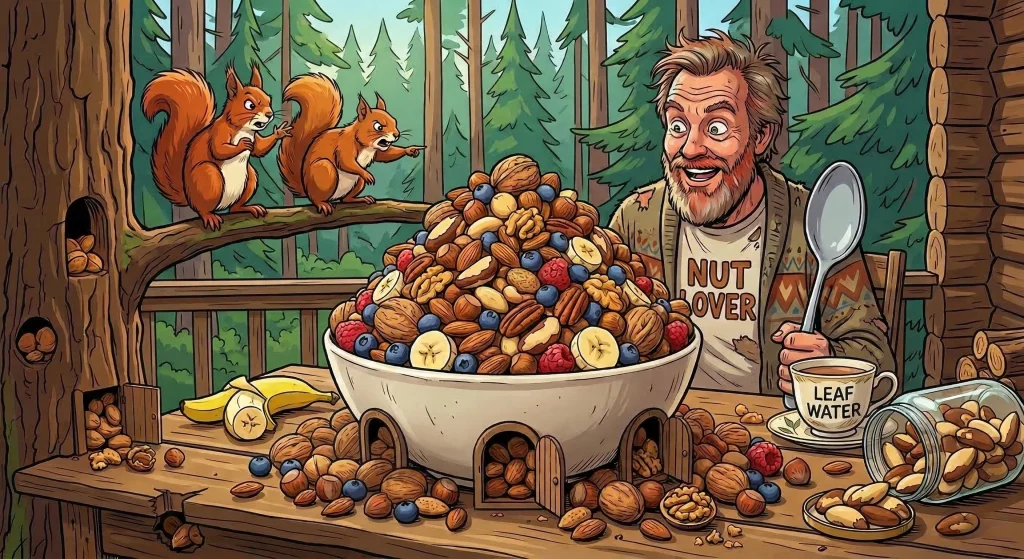 A comic-style illustration of a bohemian man with a red-gray beard sitting at a forest cabin table with a giant bowl of nuts and fruit. Two squirrels on a nearby tree branch are pointing accusingly at him, and his tea mug is labeled LEAF WATER.