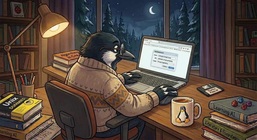 An illustration in a cozy, detailed comic-book style showing an anthropomorphic magpie with glasses, wearing a patterned knit sweater. The bird sits at a cluttered wooden desk in a home library at night, looking at and using a laptop computer, its clawed hands on the keyboard. A vintage brass lamp on the left provides warm light. The background is a large window revealing a deep, dark conifer forest covered in snow under a night sky with a crescent moon. On the desk are various items: a Linux penguin mug, role-playing dice, a stack of books titled "Unix for Dummies", "Algorithms in C++", and "Learning AI", as well as a vintage floppy disk labeled "Turbo Pascal". The laptop screen clearly shows a web browser with an "Add Bookmark" dialog open, with text related to prompt engineering and "Antropics Prompt Guide". The scene conveys an image of quiet, intellectual focus.