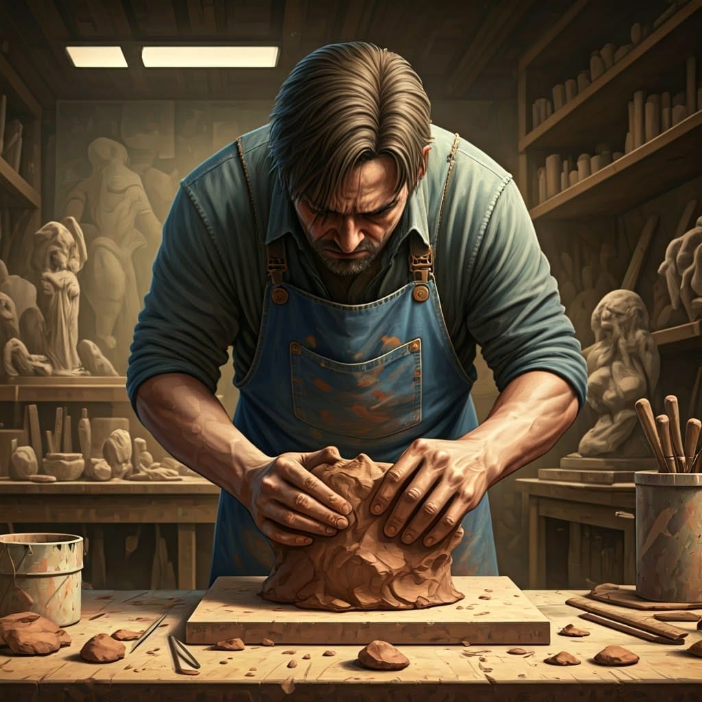 Male artist sculpting clay.