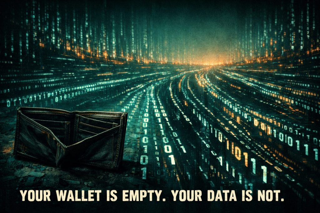 Wide cinematic shot. A single open wallet in the foreground, empty, slightly worn. Behind it, the entire landscape is filled with cascading rivers of luminous data flowing away into the distance like highways of light. The horizon glows faintly. Dystopian atmosphere. Text overlay at bottom: "Your wallet is empty. Your data is not."