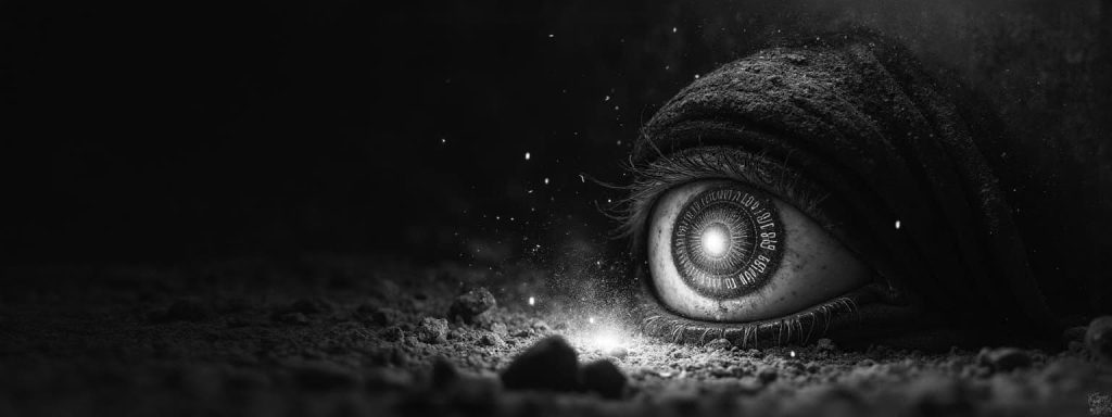 A moment of awakening, a single eye opening in darkness, its iris formed by concentric neural network rings, soft light spilling outward.