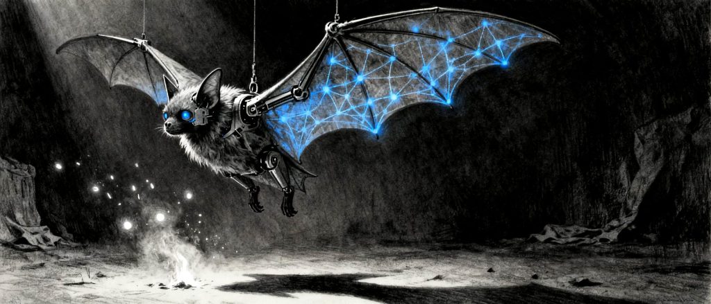 A robotic bat viewed from below, wings formed by neural network pathways, floating in darkness. Monochrome charcoal style, eerie and mysterious.
