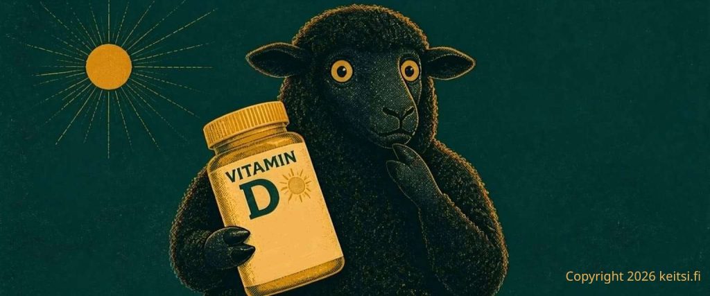 A confused lamb holding a bottle of vitamin D