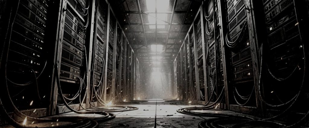 A dark, dramatic corridor of server racks stretching toward a bright vanishing point. Heavy cables snake across the floor, some appearing to spark or smolder. The atmosphere is dystopian — part data center, part abandoned industrial ruin. Strong central perspective, high contrast, monochromatic with hints of warm ember light.