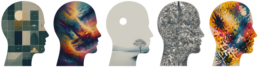 Neurodivergence. Five head silhouettes in profile, each filled with a different abstract pattern, on a transparent background.