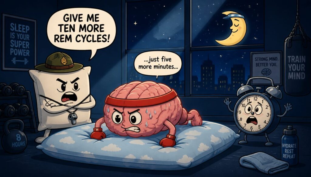 Cartoon illustration of a pink brain character doing push-ups on a pillow-shaped gym mat while a drill sergeant pillow shouts orders, with a startled anthropomorphic alarm clock looking on, in a nighttime gym scene lit by moonlight.
