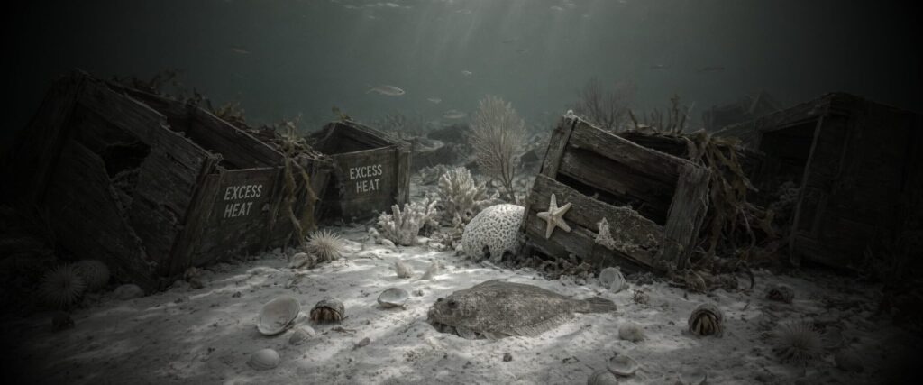Wooden crates stencilled EXCESS HEAT lie scattered and half buried on a pale ocean floor among bleached coral, withered kelp and a few sea stars and hermit crabs