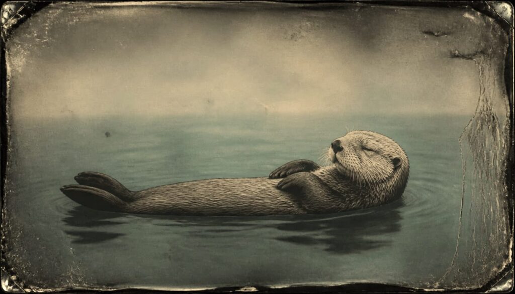 An otter is peacefully floating on its back, asleep in the water.