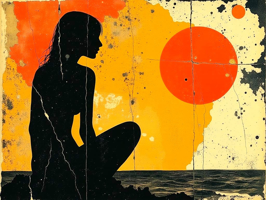 A silhouette of a figure seated in meditation on rock facing a large orange circle above the ocean against an abstract yellow and red painted background with ink splatter texture