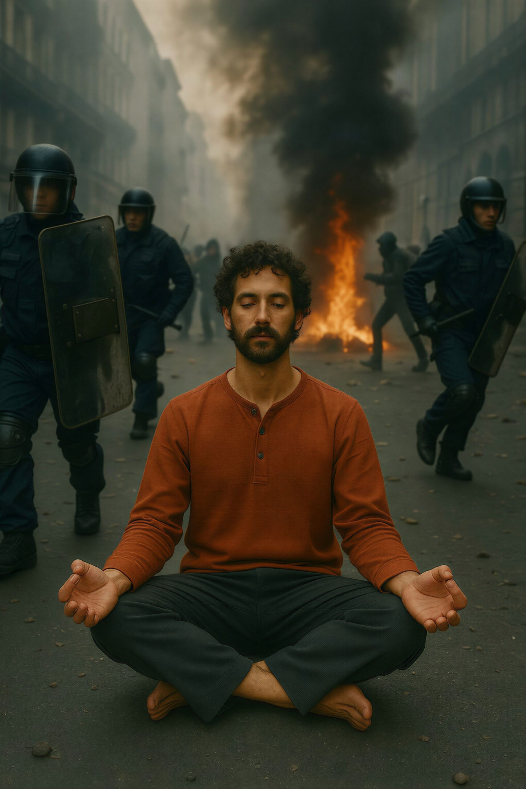 A bearded man in a rust-red sweater sits cross-legged in a meditation pose with eyes closed in the middle of a smoky street while riot police and fire rage behind him